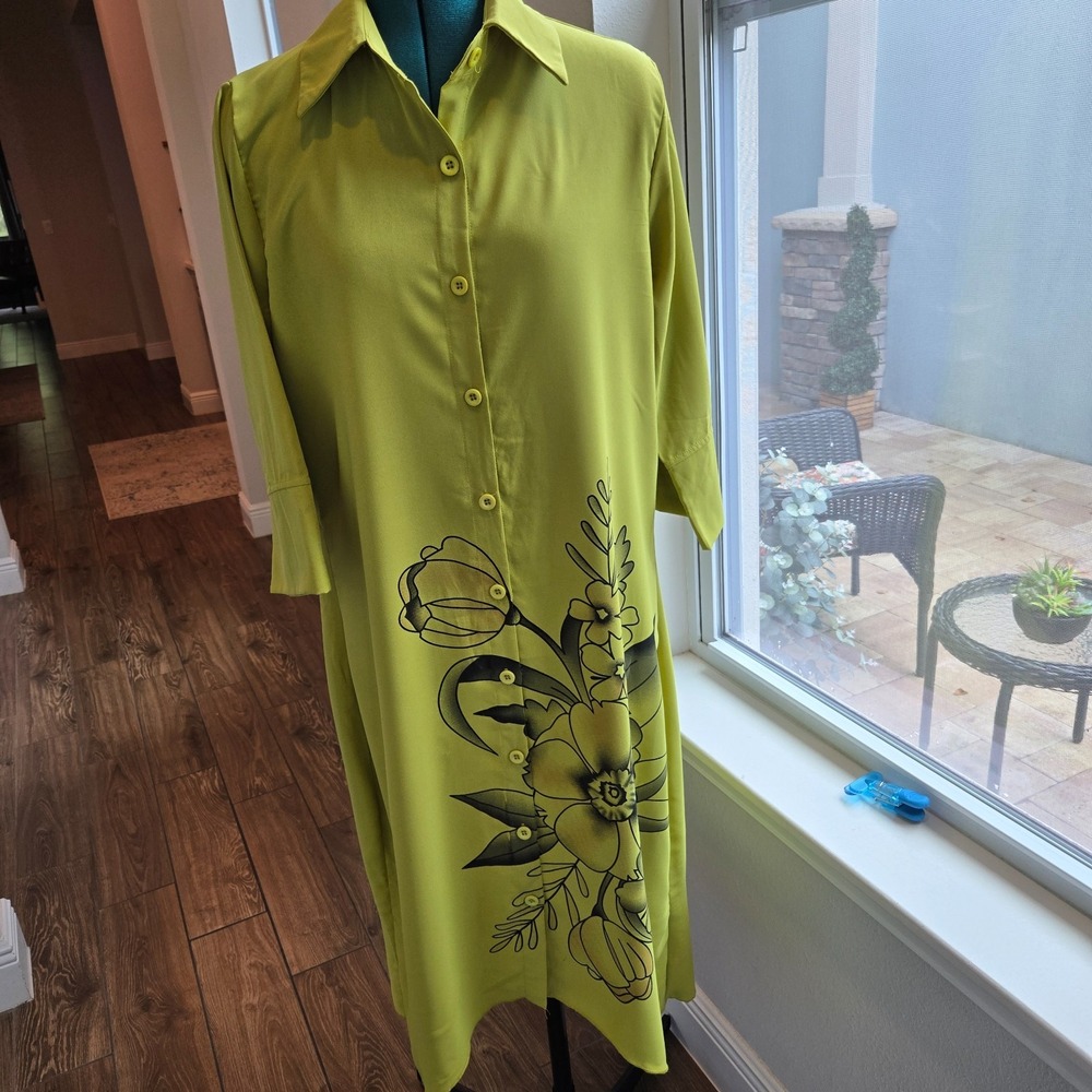 Womens Green Floral Button-up Midi Dress Sz Large Print Matched Floral